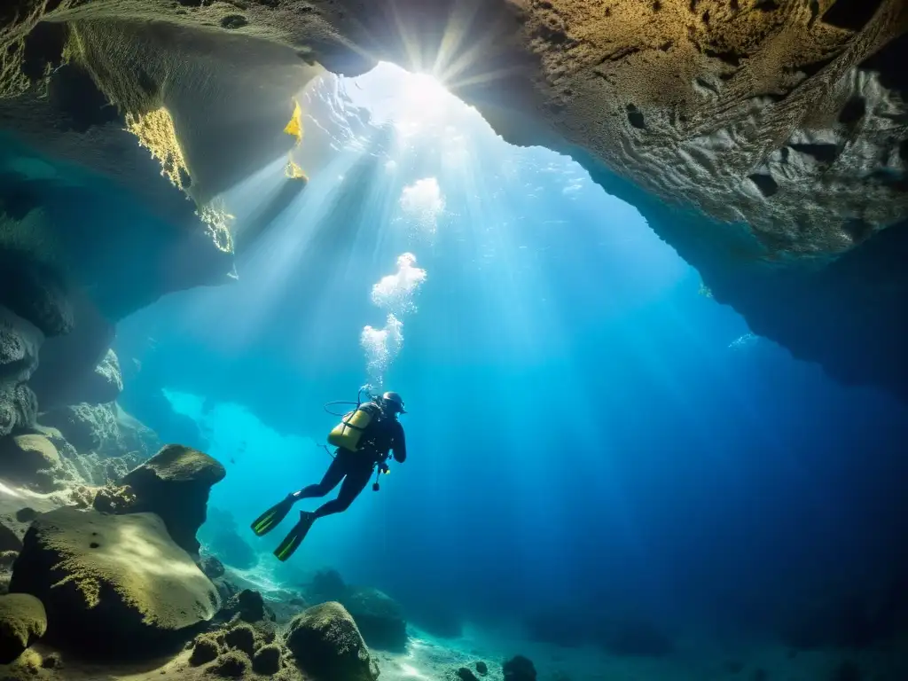 Un buzo hábil explora una cueva submarina, iluminado por la luz solar filtrada, rodeado de formaciones rocosas y agua azul profundo