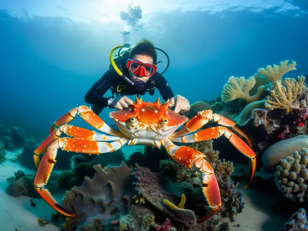 Un buzo selecciona con cuidado un cangrejo real rojo del fondo marino en una escena de pesca selectiva en restaurantes de mariscos