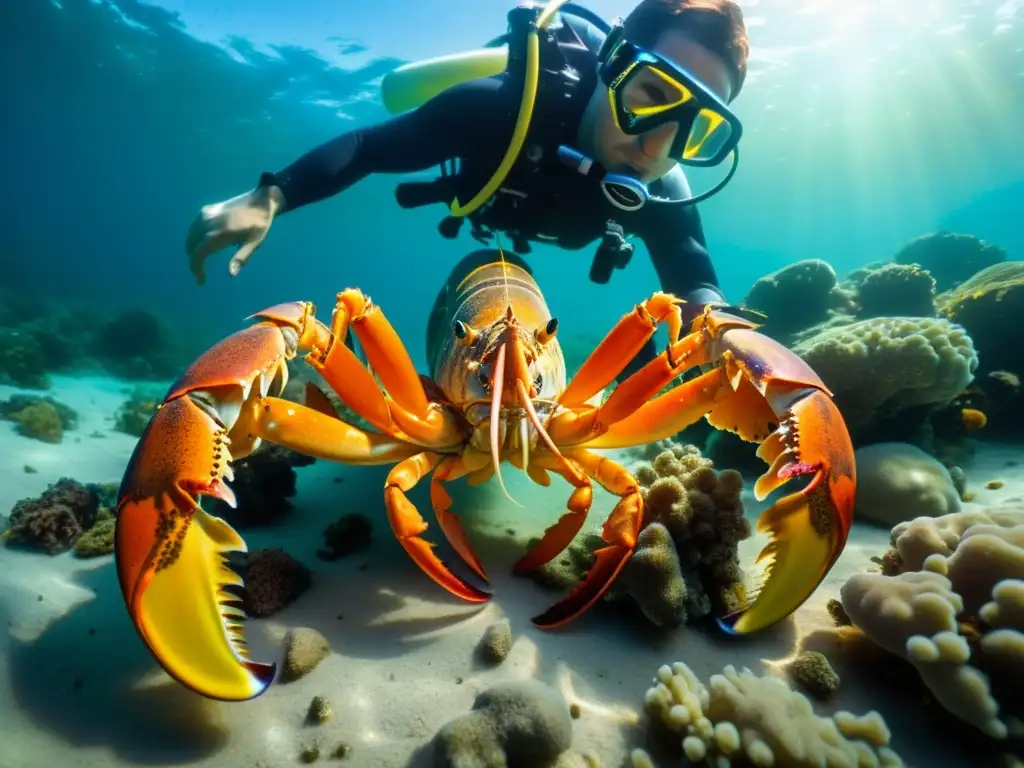 Un buzo selecciona con cuidado una langosta naranja del fondo marino rocoso