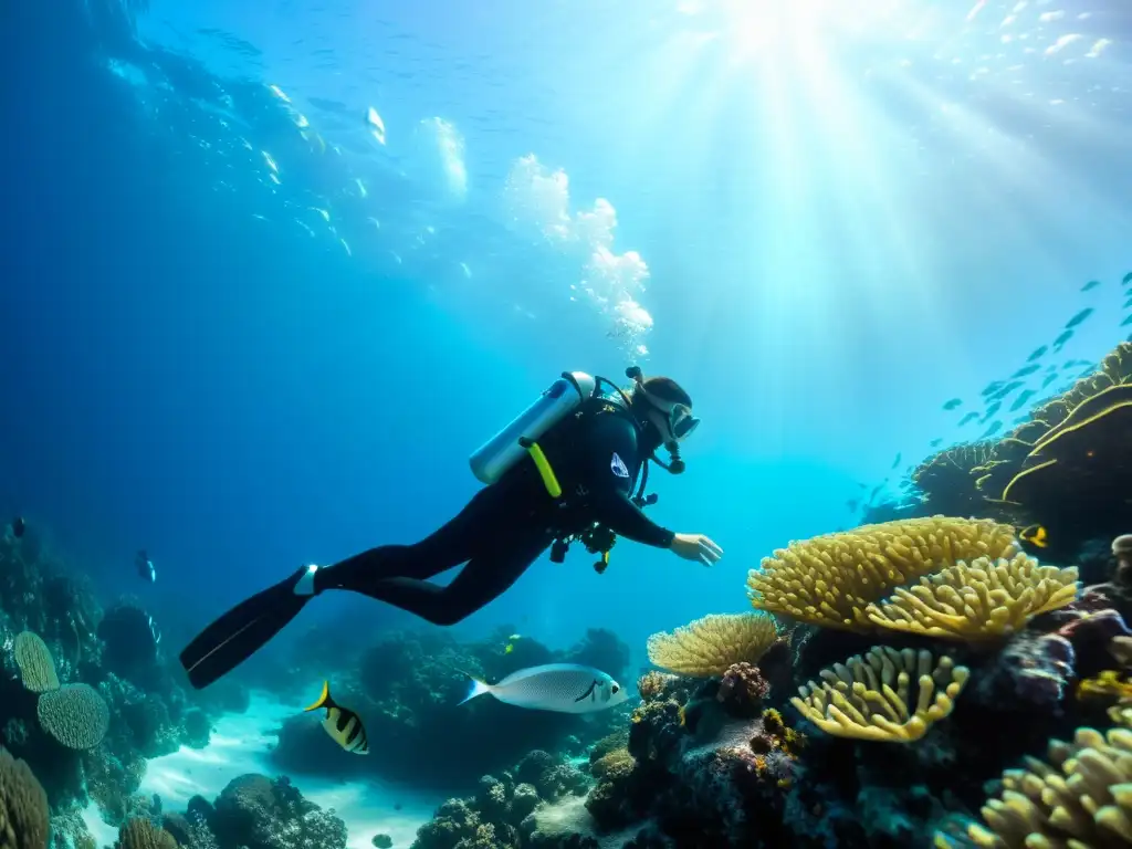 Un buzo con un elegante rebreather negro flota sobre un vibrante arrecife de coral, rodeado por un banco de peces brillantes