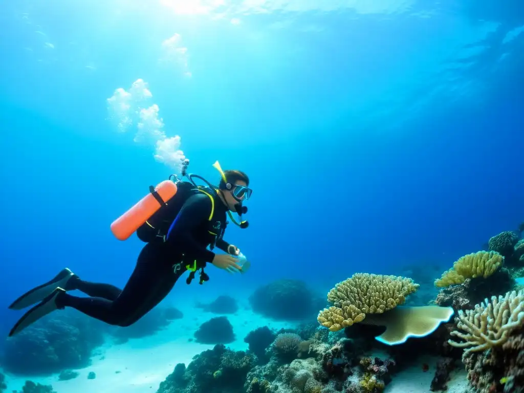 Un buzo enseña técnicas de primeros auxilios a otro buzo bajo el agua, con equipo de rescate