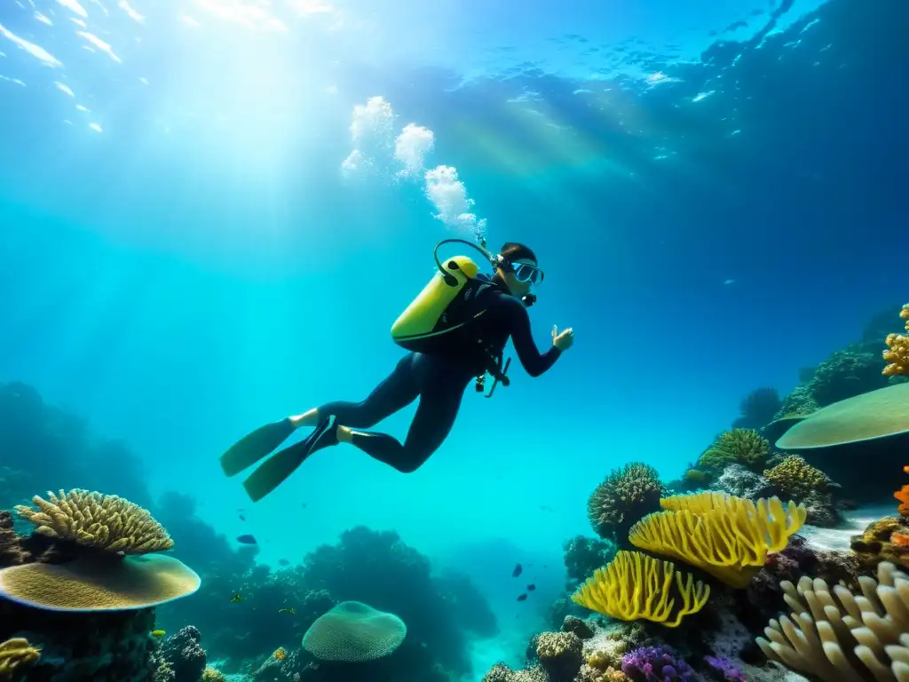 Un buzo disfruta de un entrenamiento de buceo equilibrado en aguas cristalinas, rodeado de coloridos arrecifes de coral y vida marina vibrante