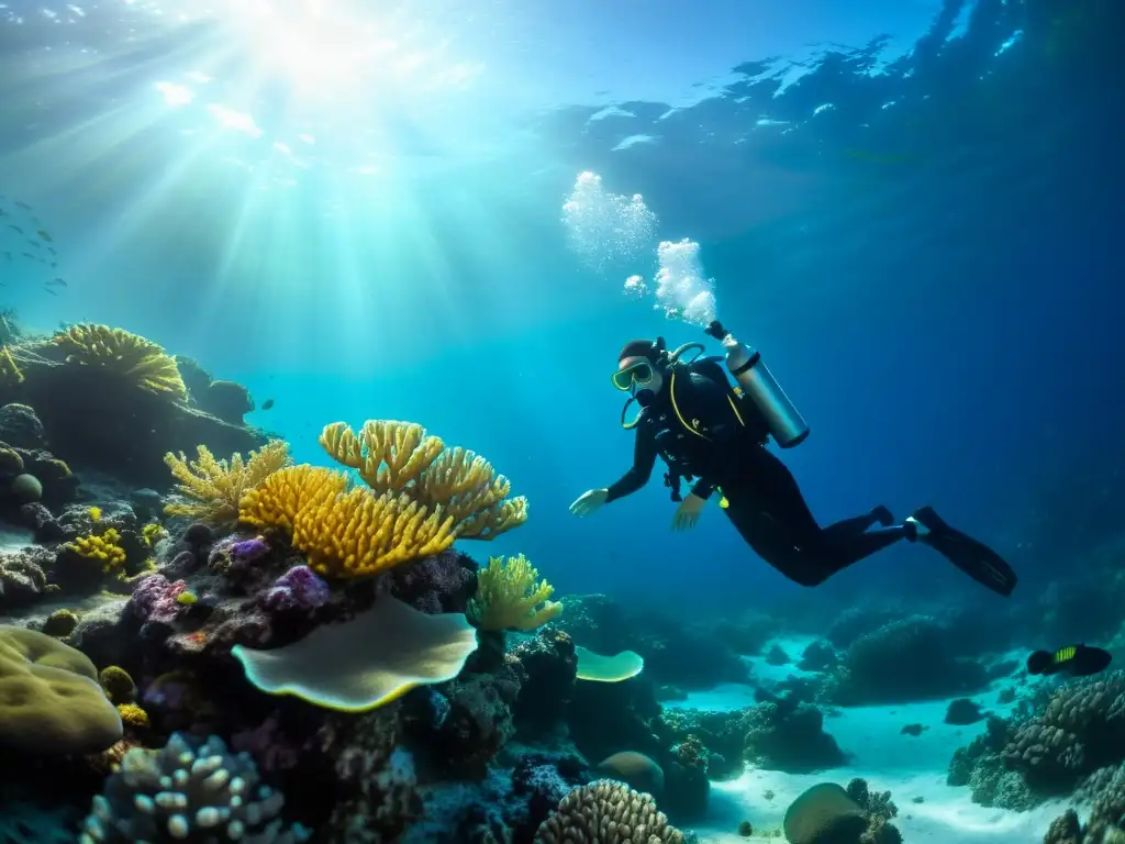 Un buzo equipado con compresores de buceo portátiles explora un vibrante arrecife de coral, con rayos de sol iluminando el fondo marino