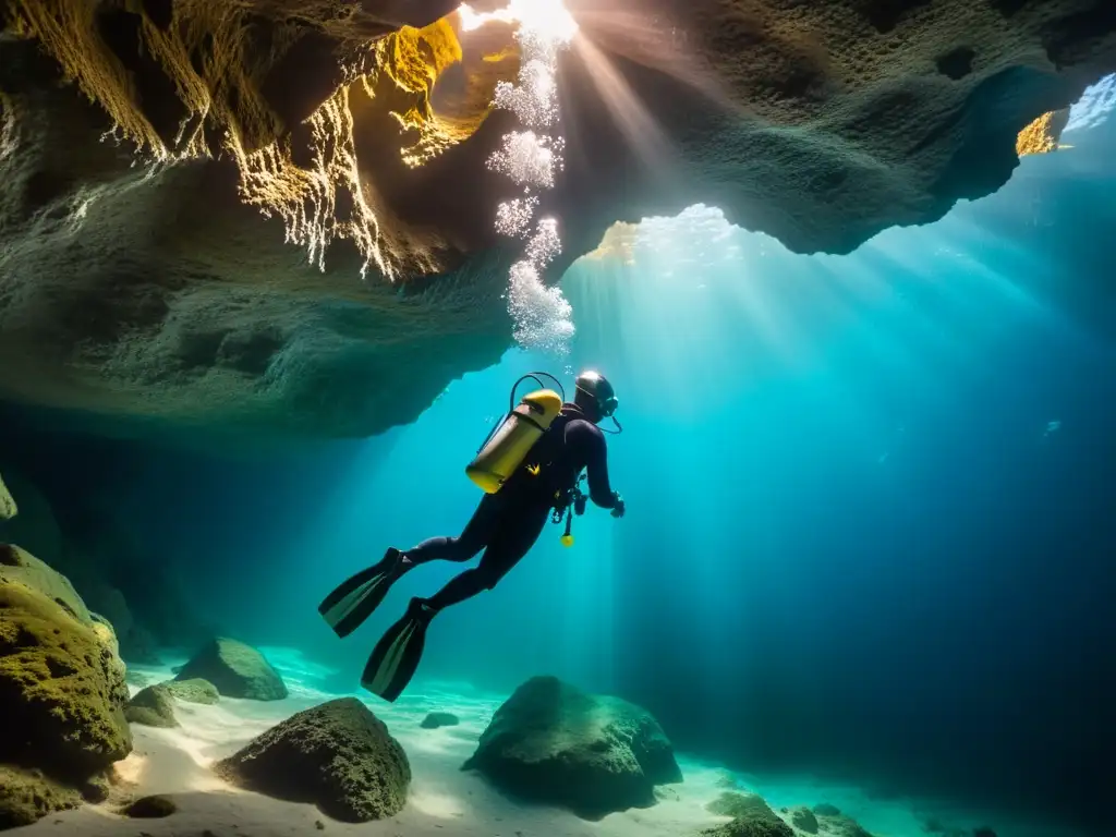 Un buzo con equipamiento fotográfico explora una cueva submarina, capturando la misteriosa belleza del entorno