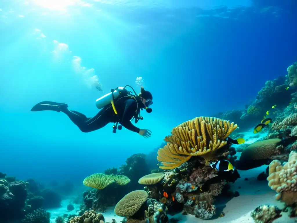 Un buzo inspecciona su equipo de buceo rodeado de vibrantes arrecifes de coral en aguas cristalinas