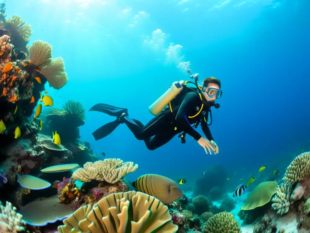 Un buzo desciende con equipo completo en un arrecife de coral vibrante, rodeado de vida marina