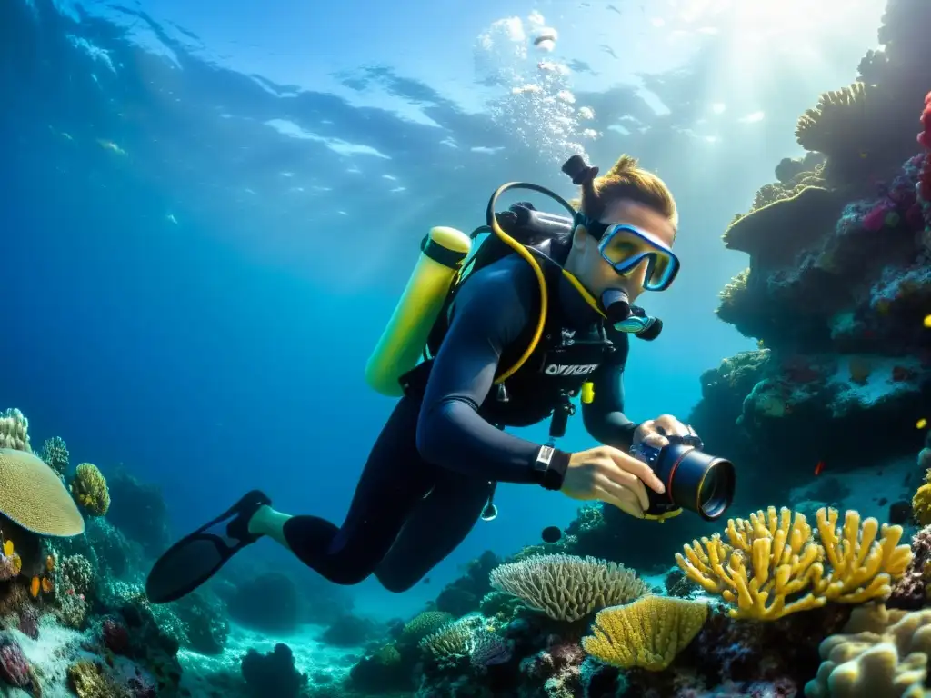 Inspección meticulosa de equipo de fotografía submarina entre corales Un buzo inspecciona su equipo fotográfico submarino cuidado y mantenimiento entre vibrantes arrecifes de coral