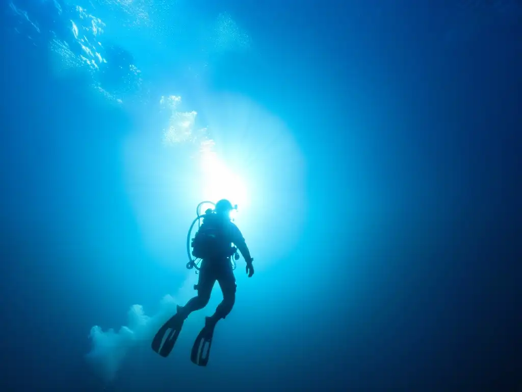 Un buzo exclusivo explora las fosas Marianas, rodeado de vida marina y criaturas bioluminiscentes en un emocionante viaje submarino