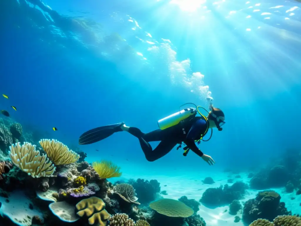 Un buzo experto se desliza graciosamente por aguas azules cristalinas, rodeado de un vibrante arrecife de coral y peces tropicales