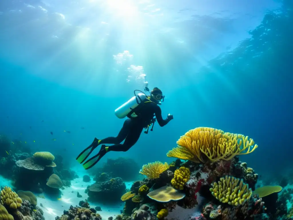 Un buzo experto muestra ejercicios de estabilidad para buceo en un vibrante arrecife de coral, bajo el sol filtrado en el agua