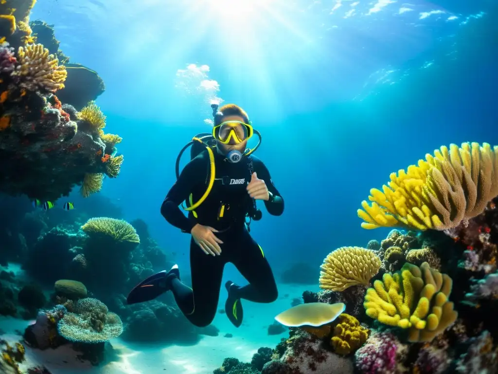 Un buzo experto explora un mundo submarino lleno de vida, rodeado de corales y peces de colores