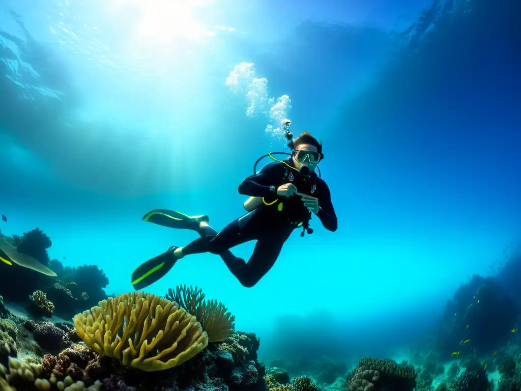 Un buzo experto en perfecto control de flotabilidad realiza técnicas avanzadas de buceo sobre un vibrante arrecife de coral