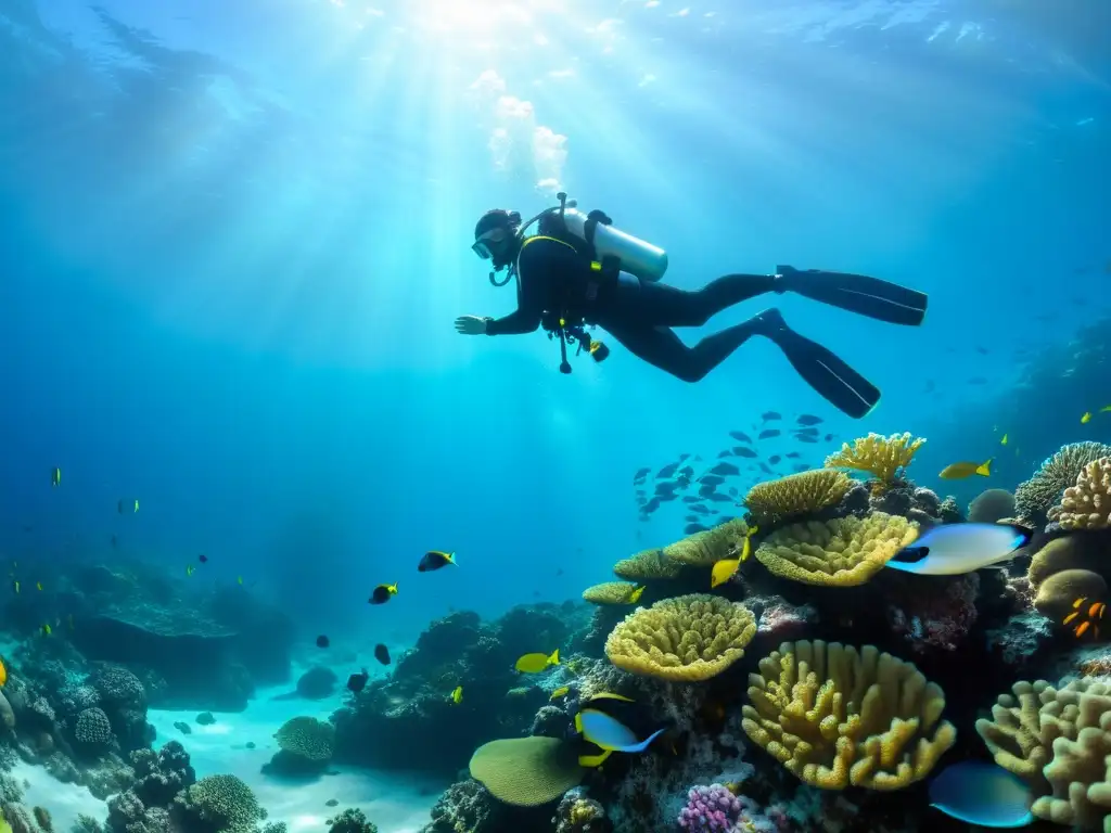 Un buzo experto explora un vibrante arrecife de coral, rodeado de vida marina en un emocionante desafío de certificación buceo corrientes marinas
