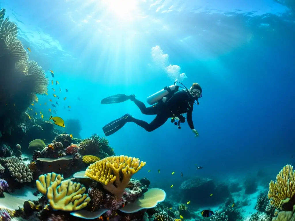 Un buzo experto explora un vibrante arrecife de coral, capturando la belleza del ecosistema marino