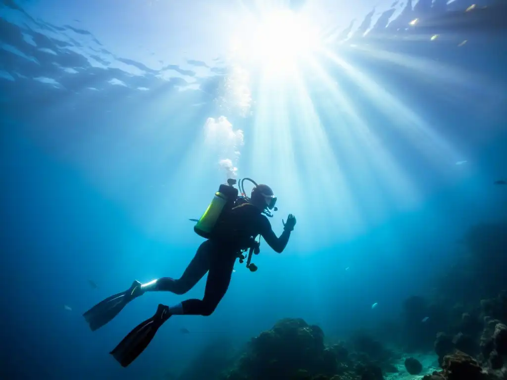 Un buzo ilumina el fondo marino, creando impactantes efectos de sombras en vídeos submarinos con la vida marina en movimiento