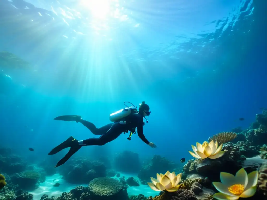 Un buzo meditando en el fondo marino, rodeado de coral y vida marina