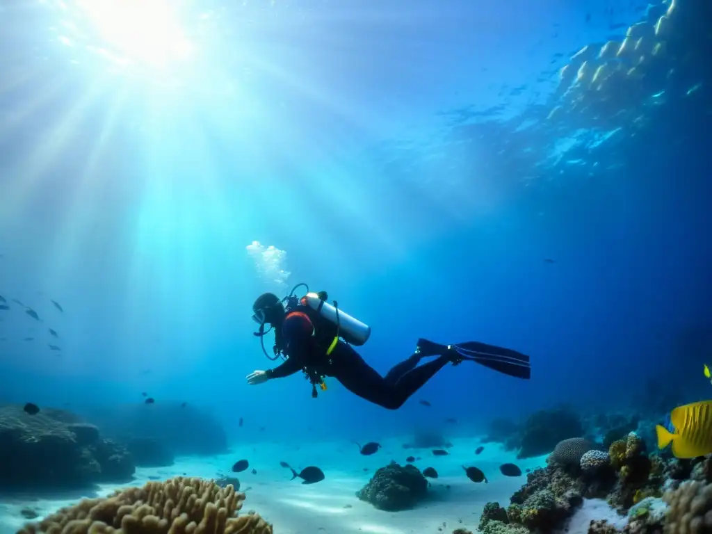 Un buzo en el fondo marino rodeado de vida marina y arrecifes de coral, destacando la importancia del chequeo médico buceo