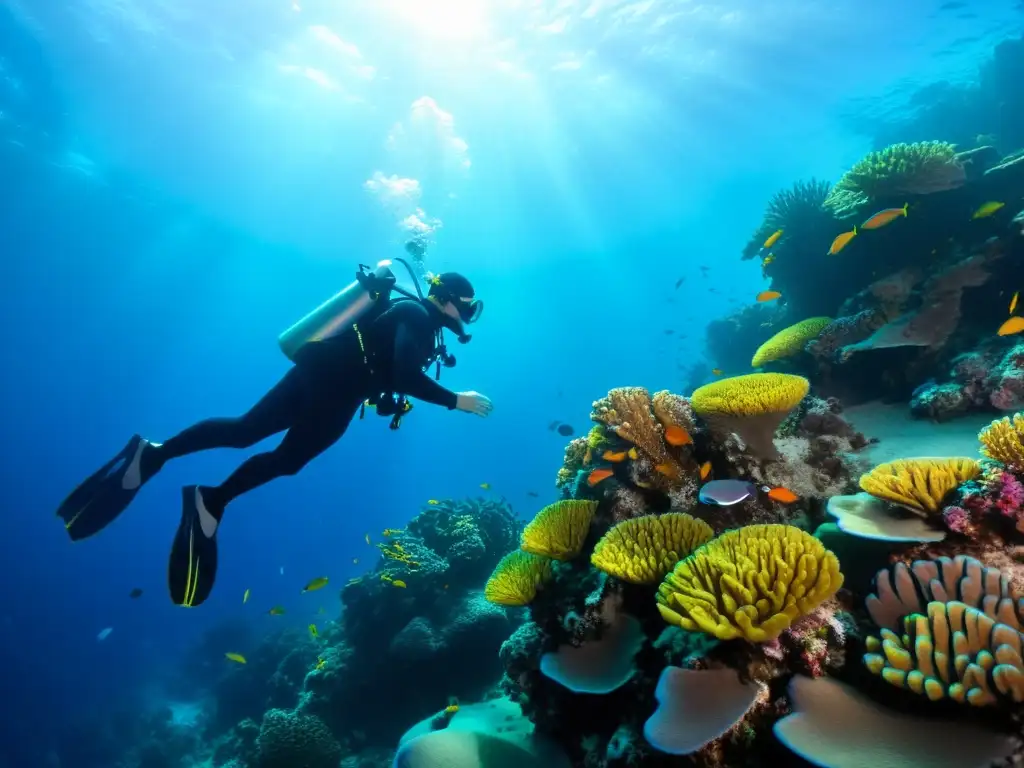 Un buzo en el fondo del océano rodeado de vida marina y coral vibrante, destacando la importancia de la protección auditiva para buceo profundo