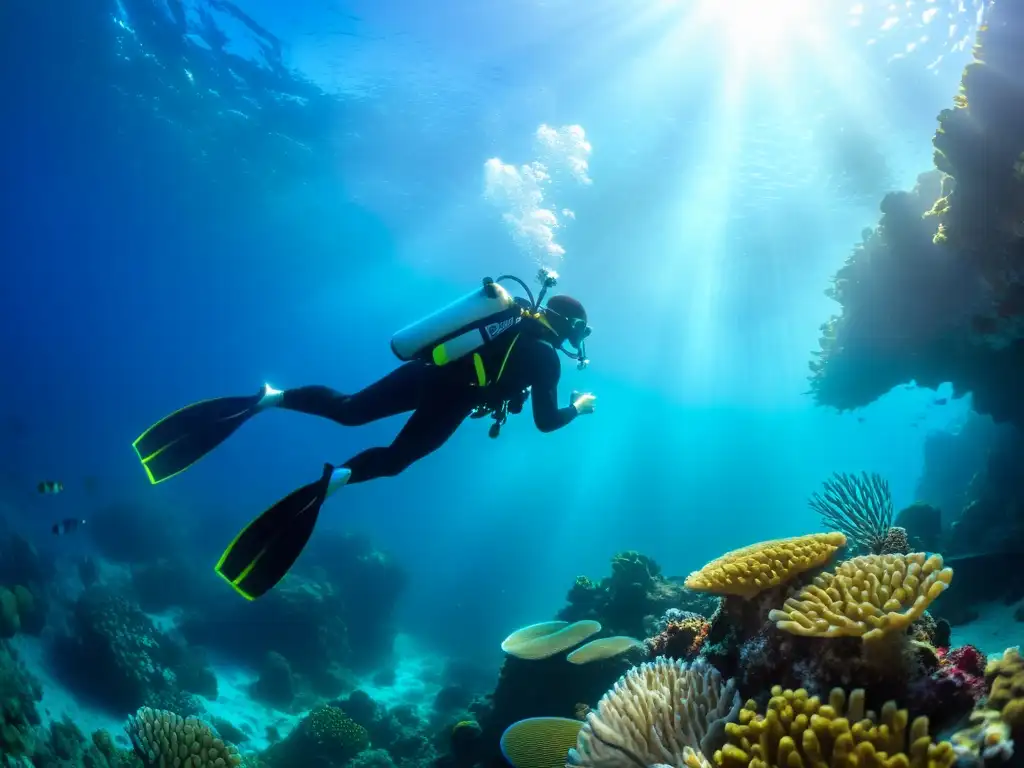 Un buzo desciende con gracia entre arrecifes de coral y vida marina colorida