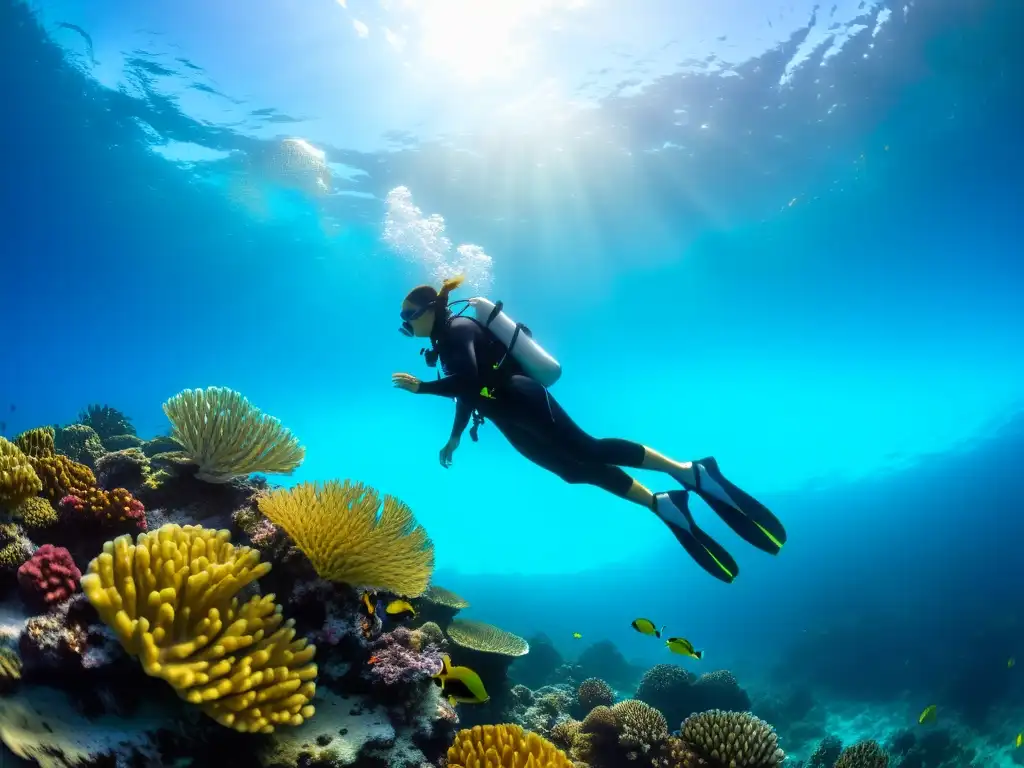 Buzo se estira grácil entre corales y peces, destacando la importancia del estiramiento en buceo