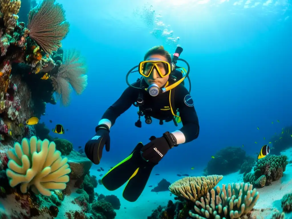 Un buzo con guantes y botas de calefacción explora un arrecife de coral, destacando la protección en aguas frías y la belleza submarina