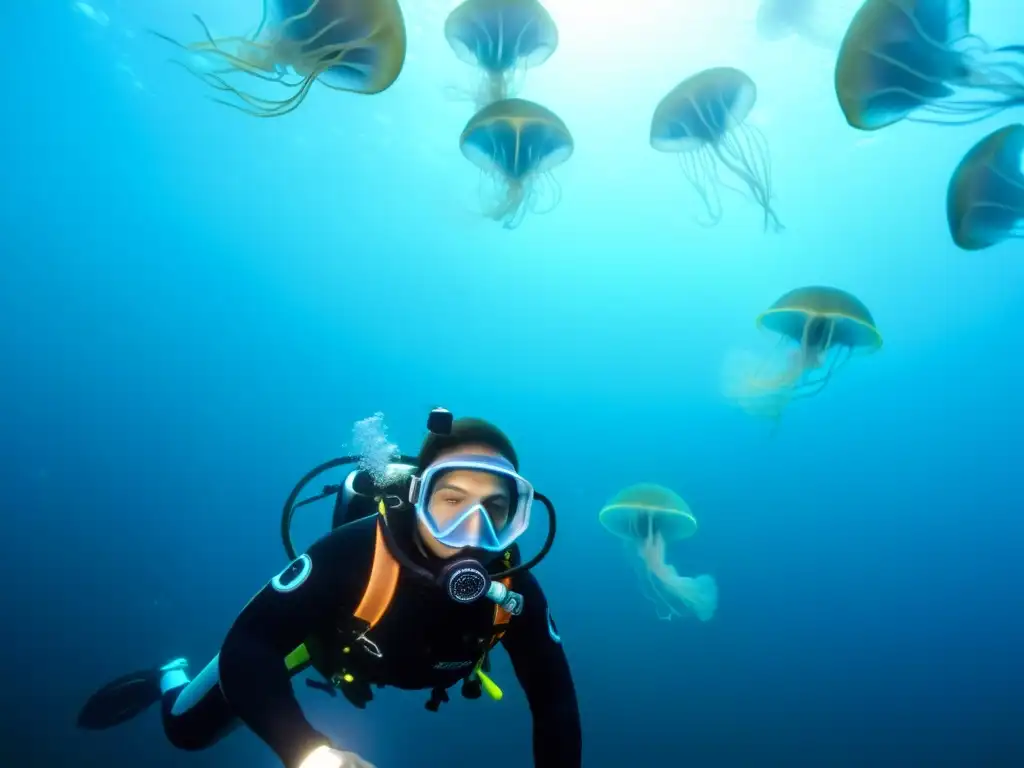 Un buzo iluminado por LED explora el mundo nocturno rodeado de medusas bioluminiscentes