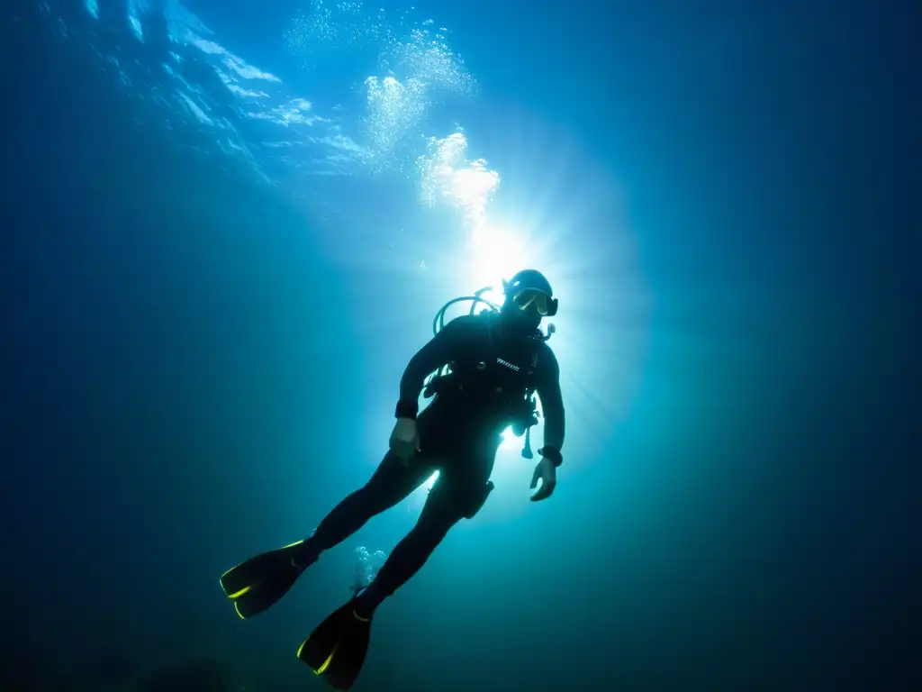 Un buzo iluminado por una potente luz de buceo en la oscuridad del océano, resaltando la vida marina