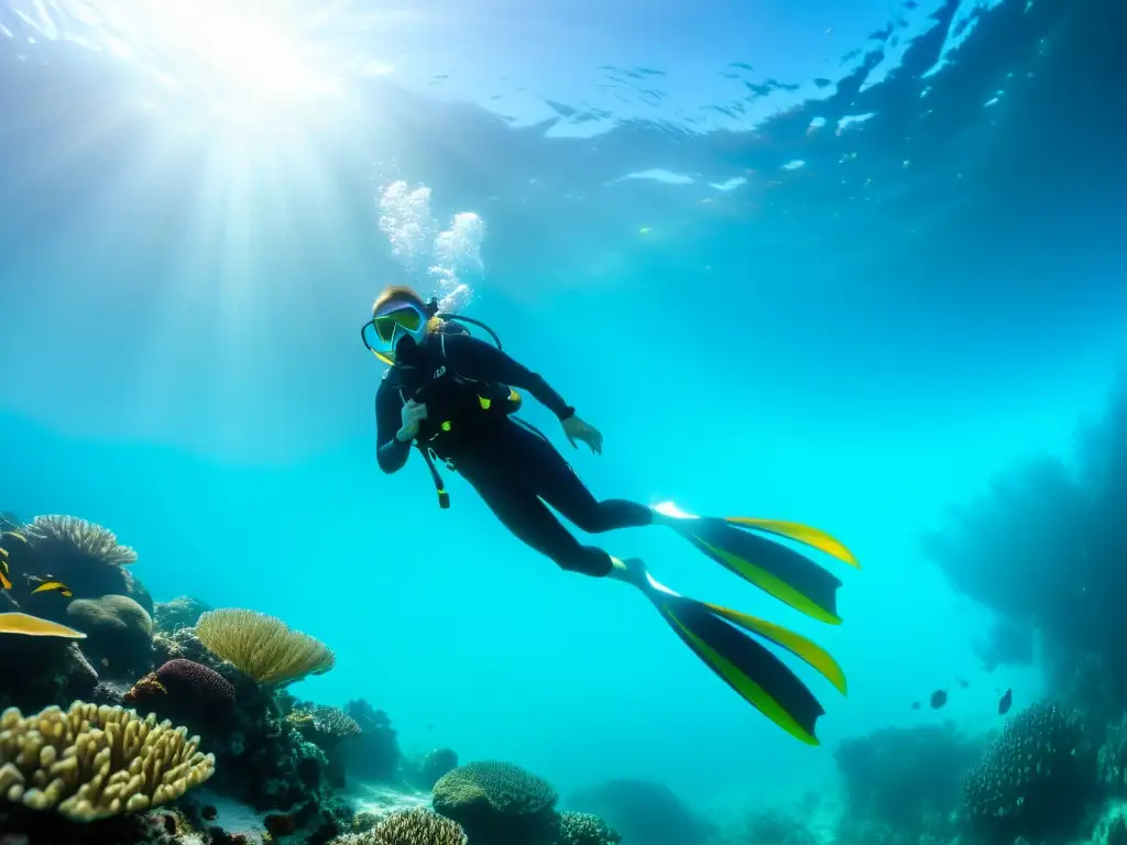 Un buzo se desliza graciosamente con las innovadoras aletas de buceo SplitFin en un entorno marino vibrante