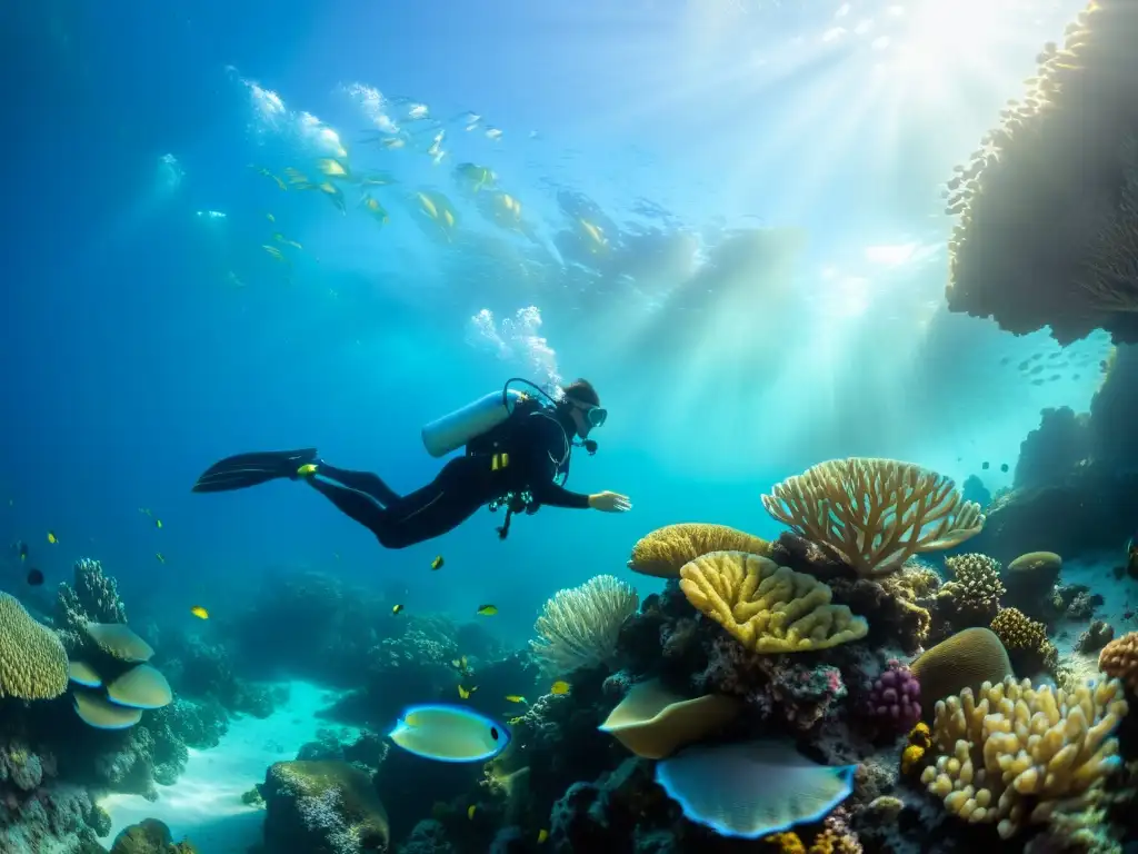 Un buzo nada graciosamente junto a un vibrante arrecife de coral, rodeado de vida marina colorida