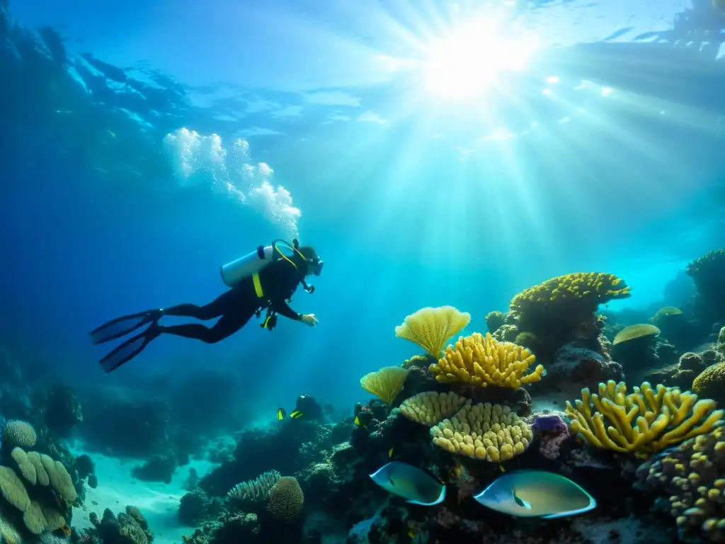 Un buzo nada elegantemente junto a un vibrante arrecife de coral en aguas cristalinas, destacando la belleza y serenidad del océano