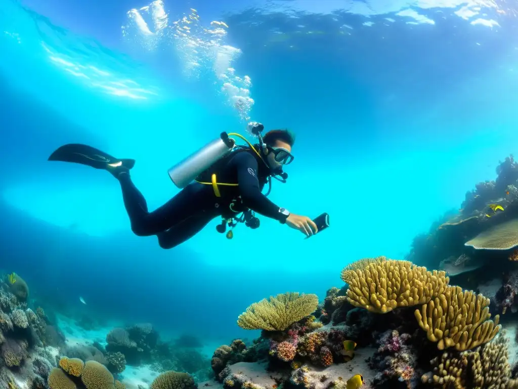 Un buzo ajusta su kit de buceo técnico profesional sobre un arrecife de coral vibrante, con peces de colores en el agua cristalina