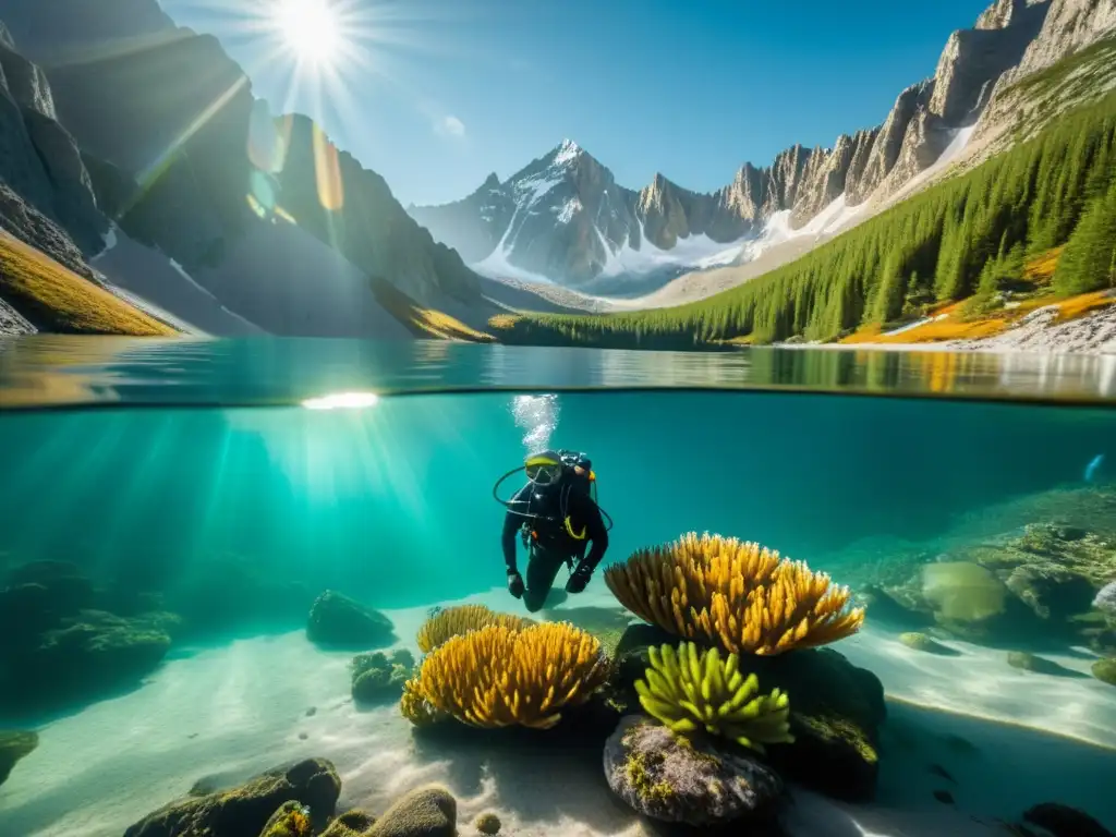 Un buzo explora un lago alpino cristalino con montañas nevadas y plantas coloridas