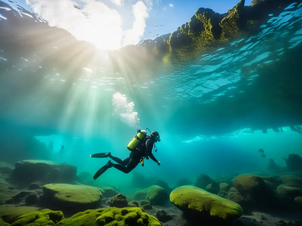 Un buzo de lujo explora las aguas termales de Islandia, rodeado de peces coloridos en un paisaje submarino impresionante y etéreo