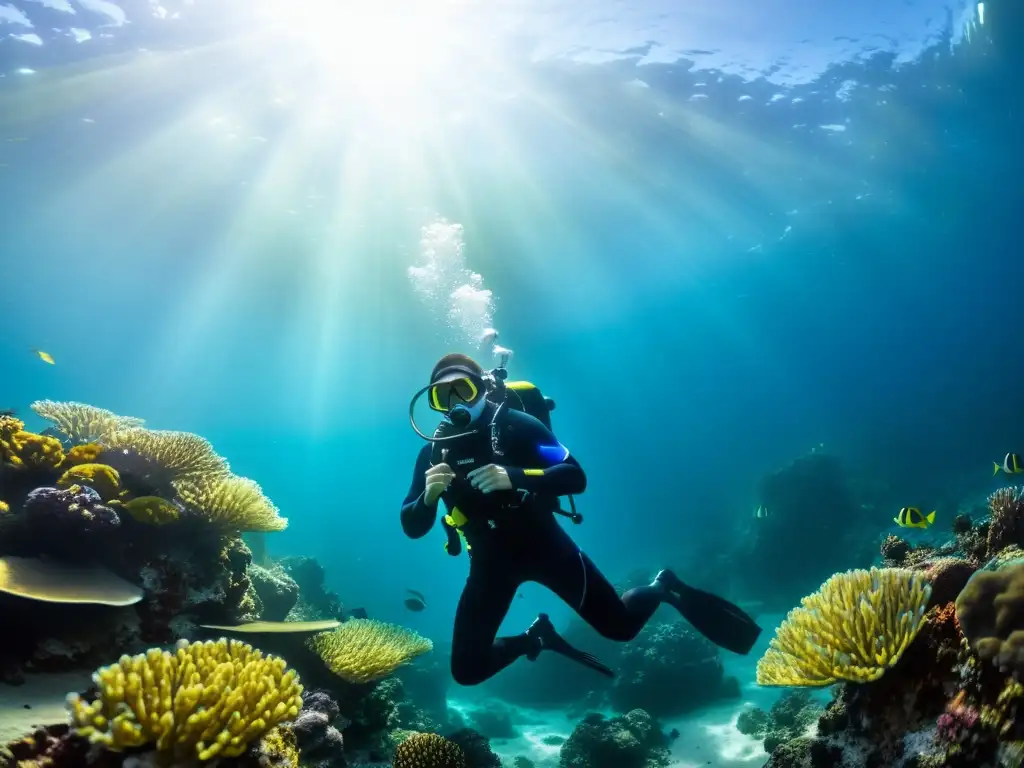 Un buzo marino contempla asombrado la belleza del arrecife de coral, rodeado de luz y color