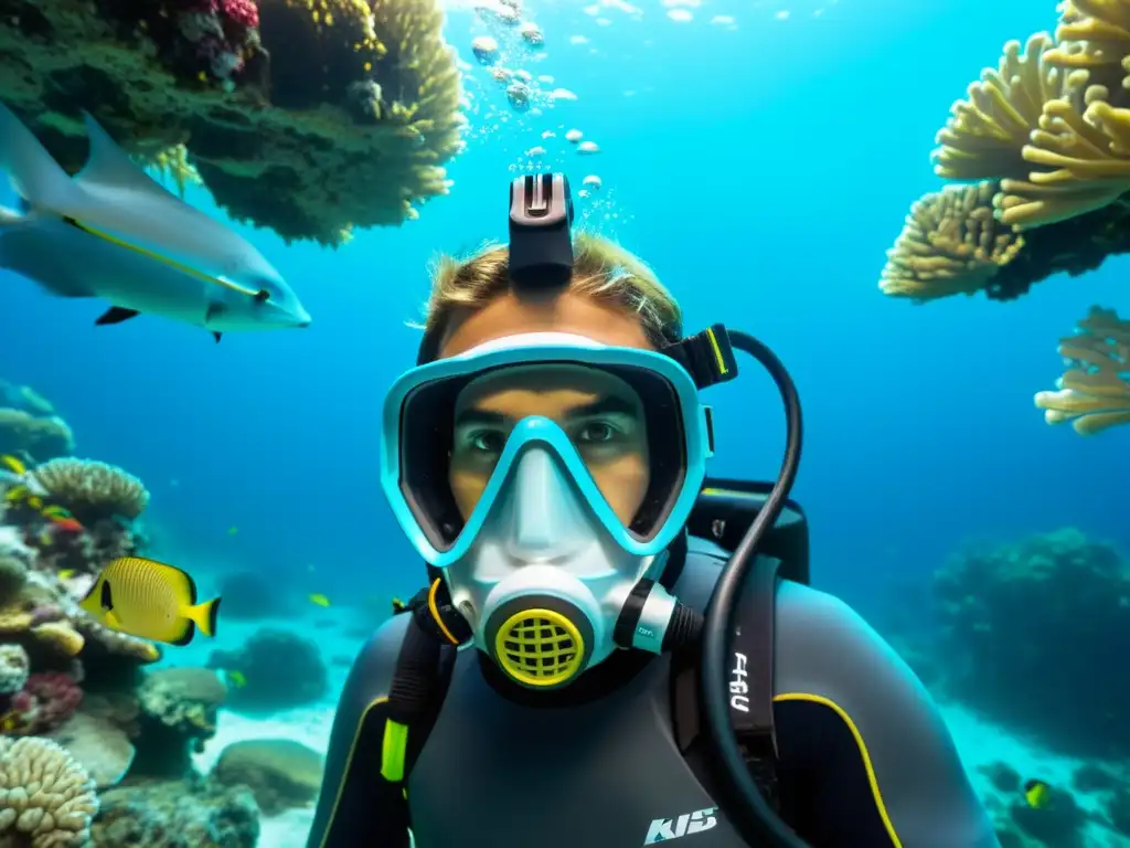 Un buzo con máscara de buceo de protección auditiva explora arrecifes de coral y peces coloridos en el océano