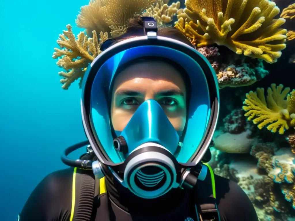 Un buzo con máscara de buceo y sistema antiempañante, crea un efecto mágico con burbujas bajo el agua