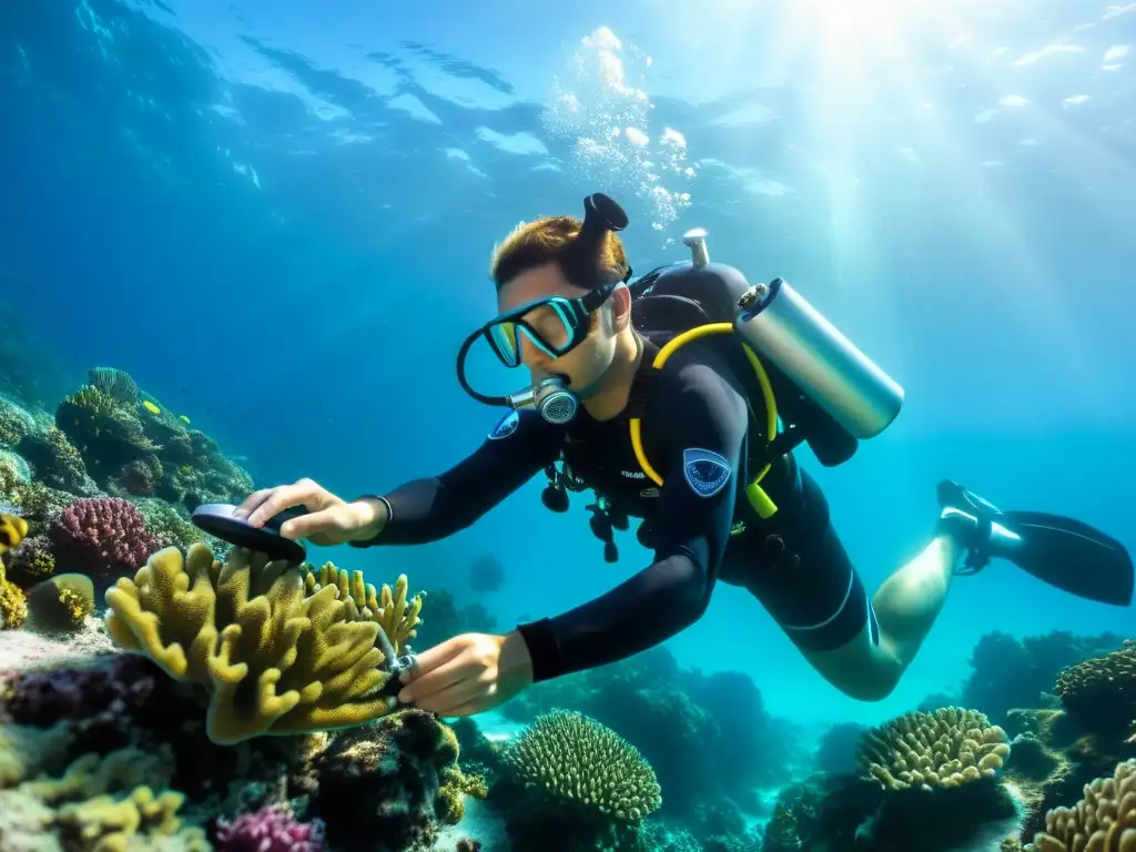 Un buzo verifica su medidor de presión rodeado de vida marina y coloridos arrecifes de coral