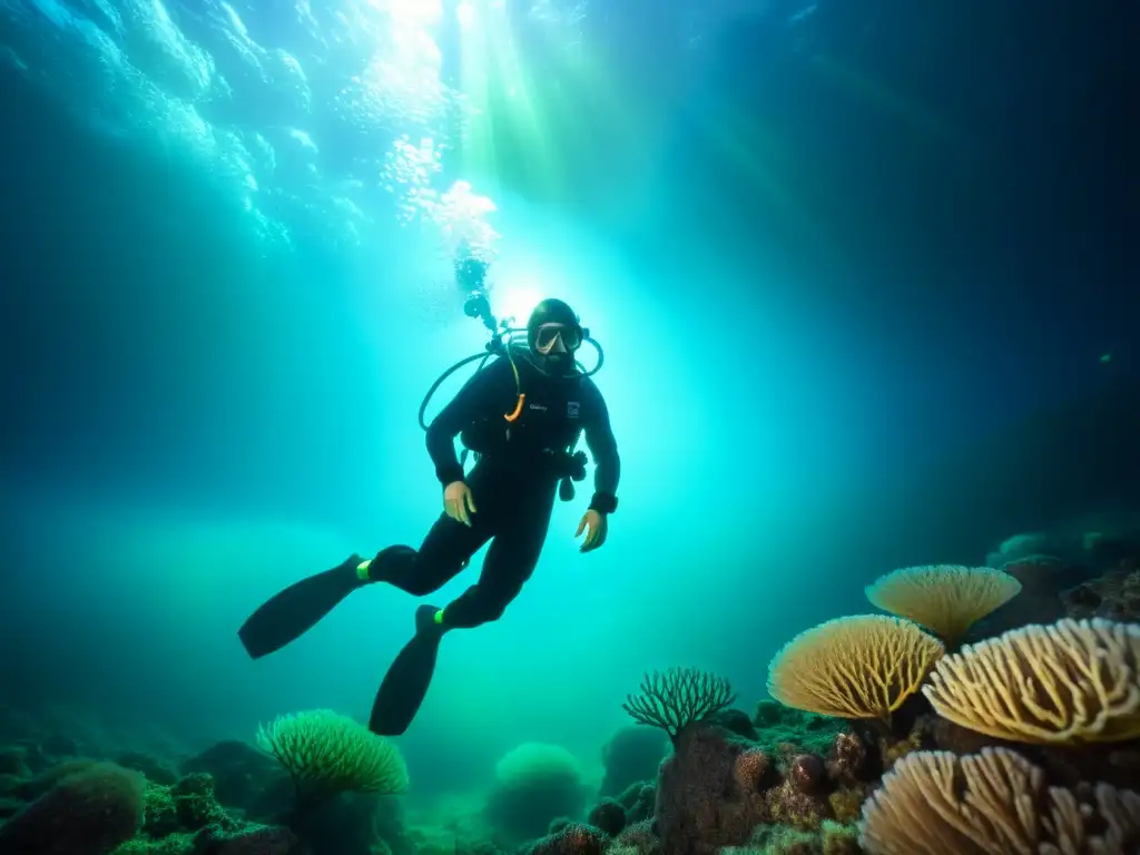 Un buzo se sumerge en las misteriosas aguas de Noruega, iluminado por la bioluminiscencia, creando una escena surrealista de buceo nocturno en Noruega