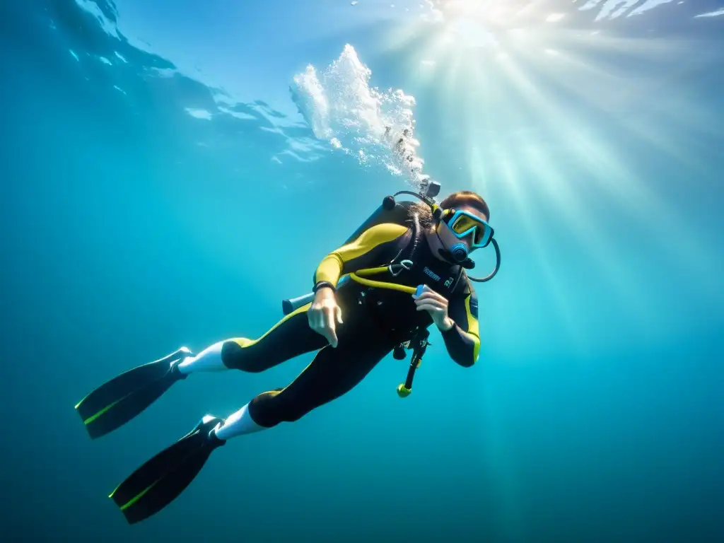 Un buzo moderno con sistemas de propulsión personal surca el cristalino océano, revelando la emoción de explorar las profundidades marinas con tecnología avanzada