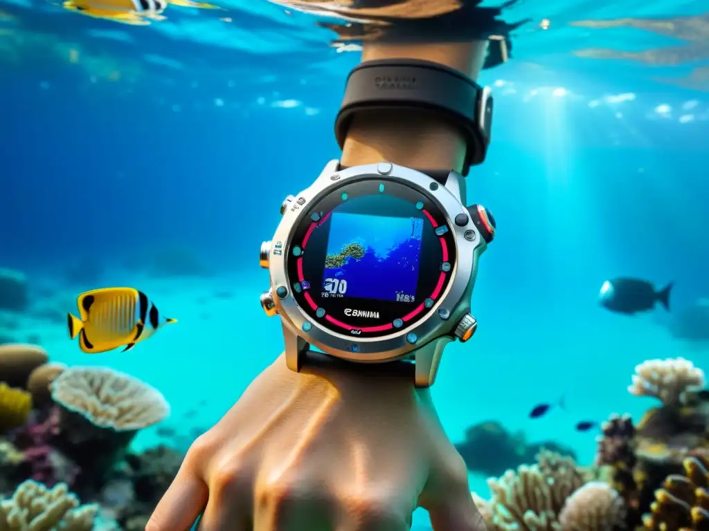 Un buzo explora el mundo submarino con el reloj de buceo Garmin Descent MK2, rodeado de vida marina y coloridos arrecifes de coral