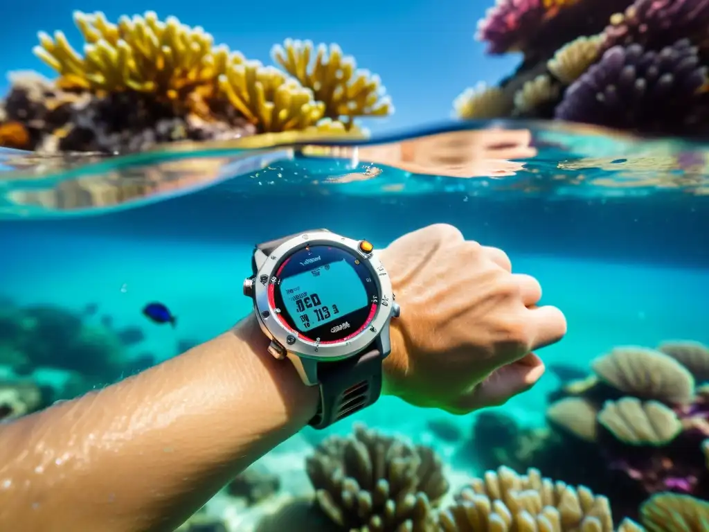 Un buzo explora un mundo submarino vibrante con el reloj de buceo Garmin Descent MK2, rodeado de arrecifes de coral y vida marina