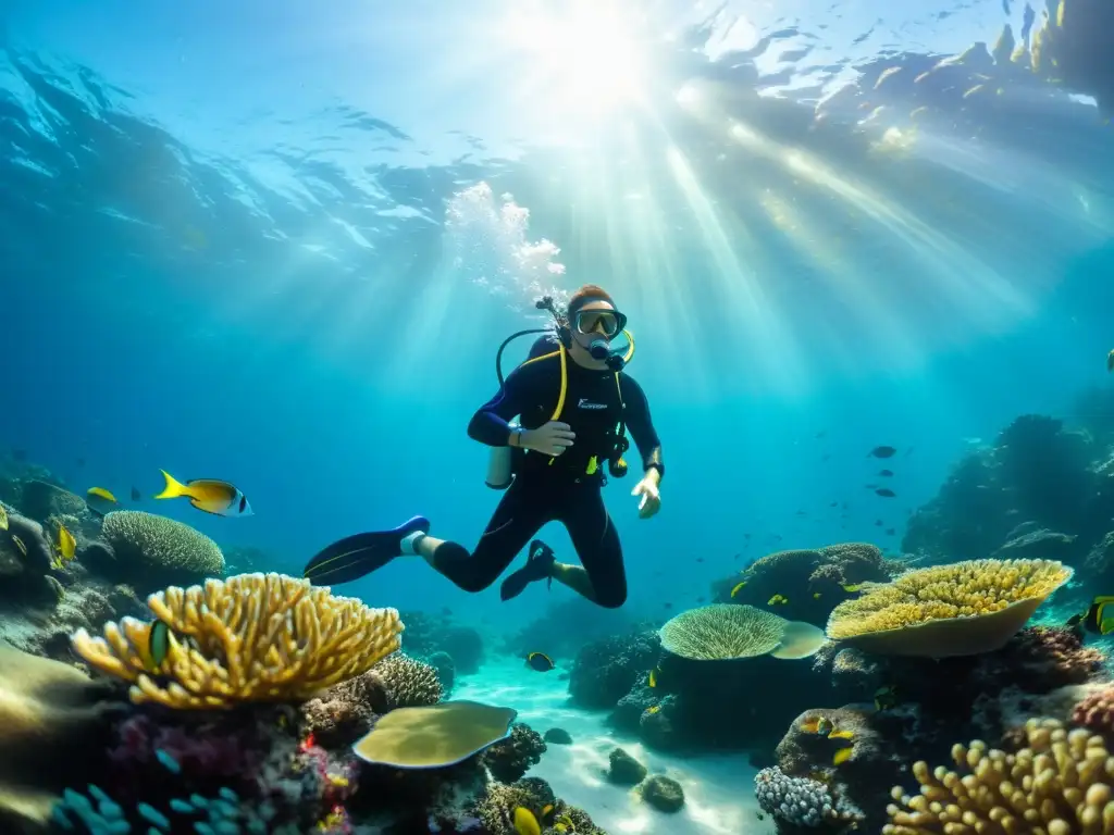 Un buzo nada graciosamente entre arrecifes de coral vibrantes, con luz solar filtrándose, rodeado de vida marina colorida