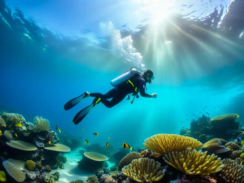 Un buzo nada graciosamente entre arrecifes de coral vibrantes, rodeado de vida marina diversa