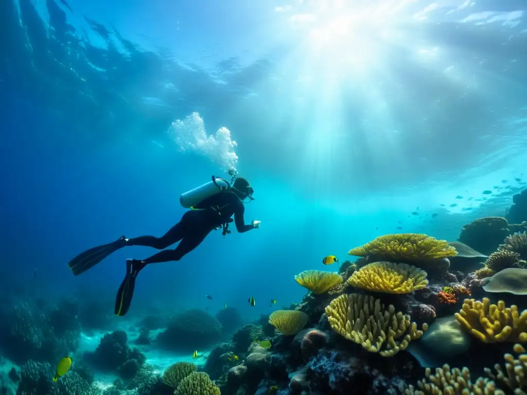 Un buzo nada graciosamente entre corales coloridos en un vibrante paisaje submarino