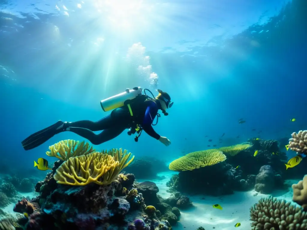 Buceo entre corales: integración tecnológica en el océano Un buzo nada grácilmente entre un vibrante arrecife de coral, iluminado por rayos de sol