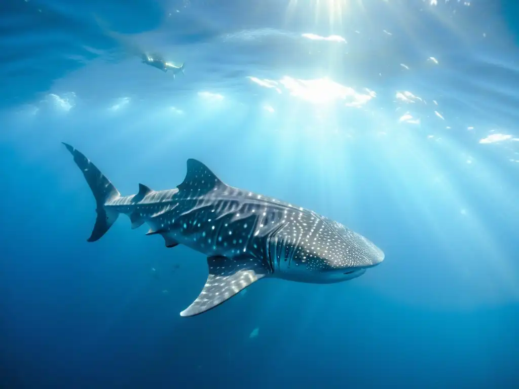 Un buzo nada junto a un tiburón ballena en aguas cristalinas, demostrando técnicas supervivencia subacuática