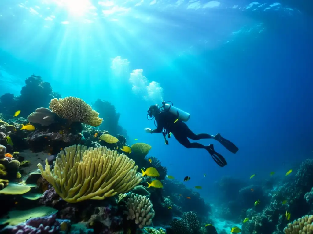 Un buzo nada graciosamente entre un vibrante arrecife de coral, rodeado de peces coloridos y vida marina