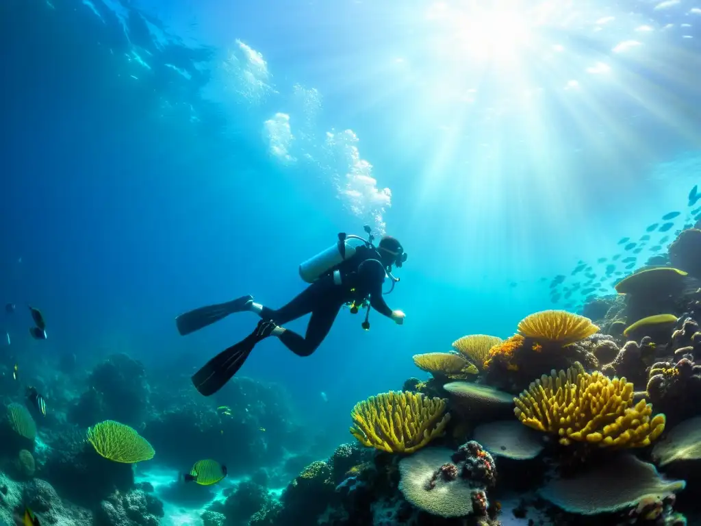 Un buzo nada graciosamente entre vibrantes corales y peces, mostrando las mejores prácticas postbuceo cuerpo