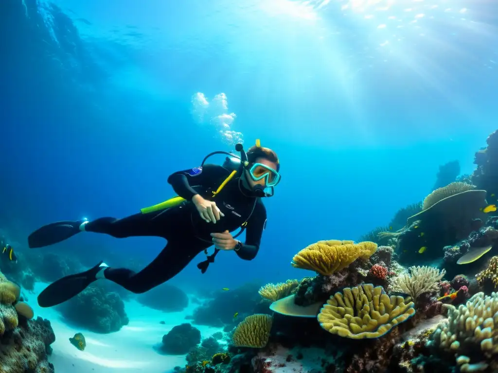 Un buzo con narcosis de nitrógeno explora un arrecife de coral vibrante, iluminado por la luz del sol bajo el agua