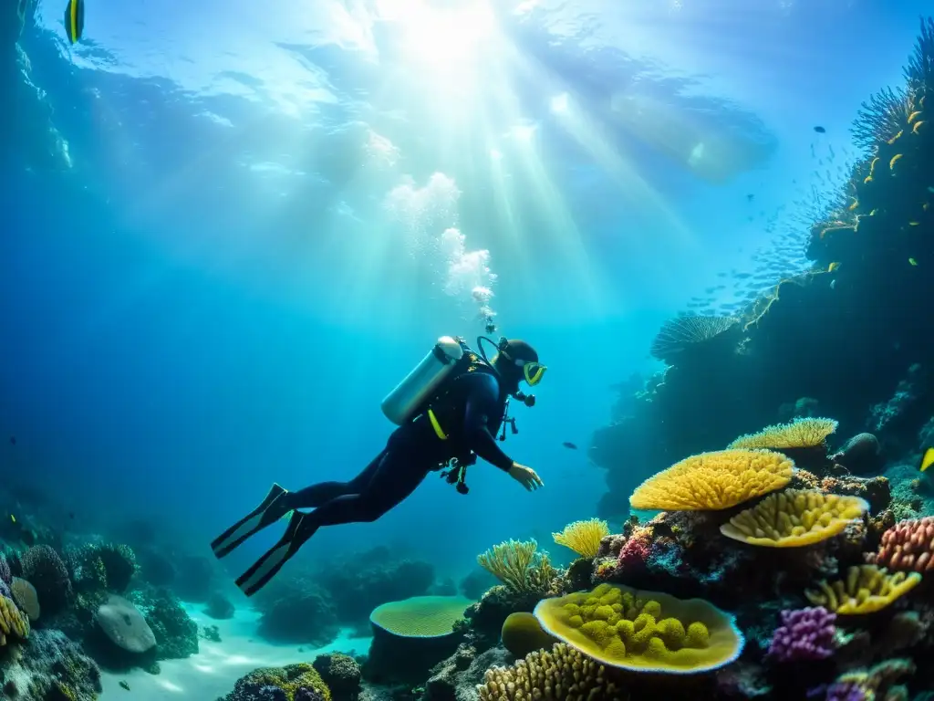 Un buzo con narcosis de nitrógeno explora un colorido arrecife de coral, sumergido en la belleza misteriosa y serena del océano profundo